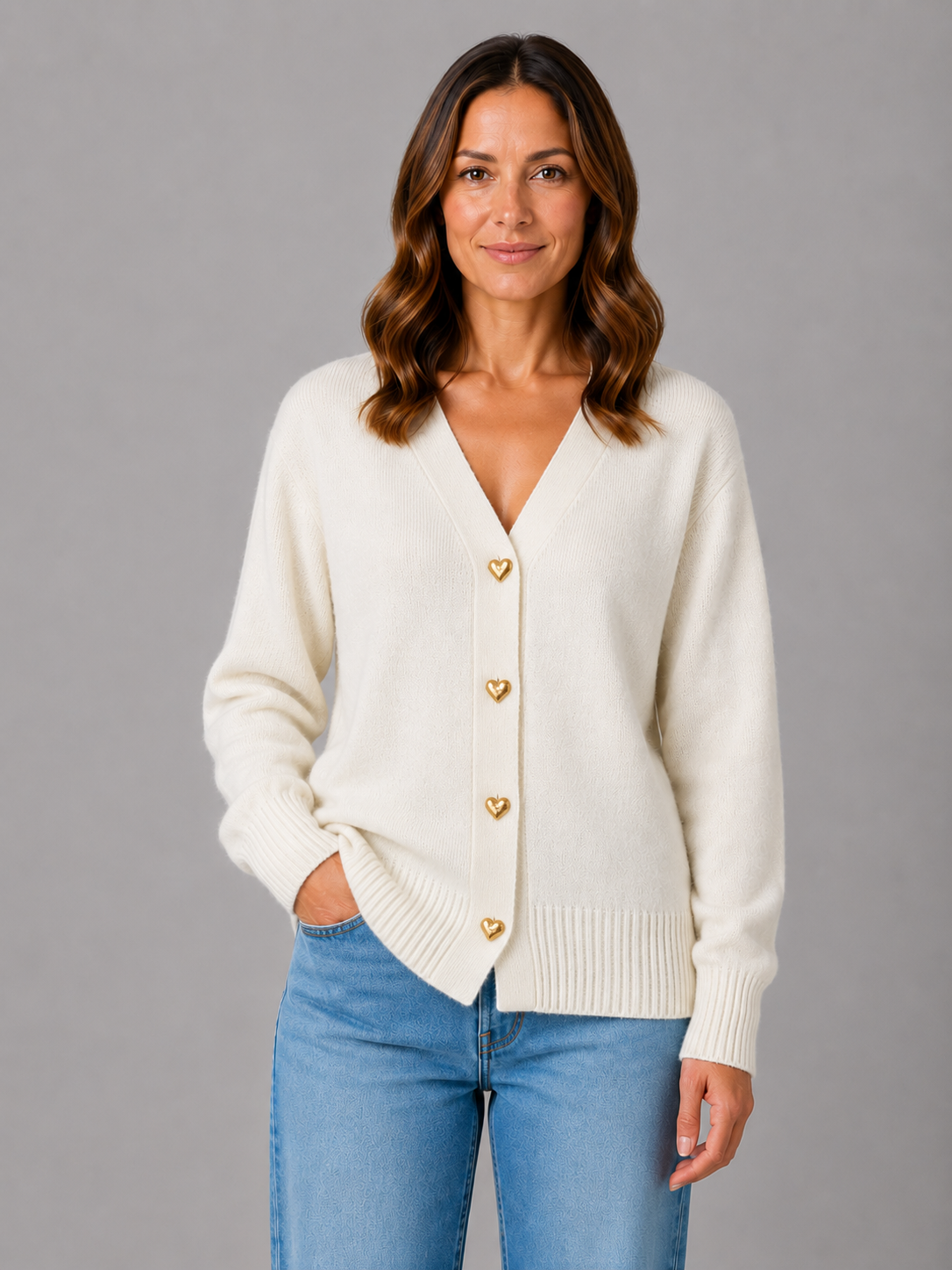 WALDA | HEART BUTTON V-NECK KNIT CARDIGAN - Ivory
