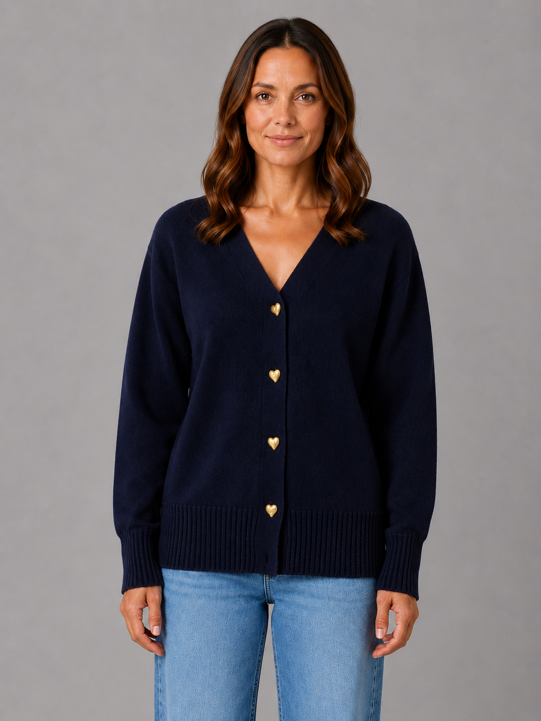 WALDA | HEART BUTTON V-NECK KNIT CARDIGAN - Navy