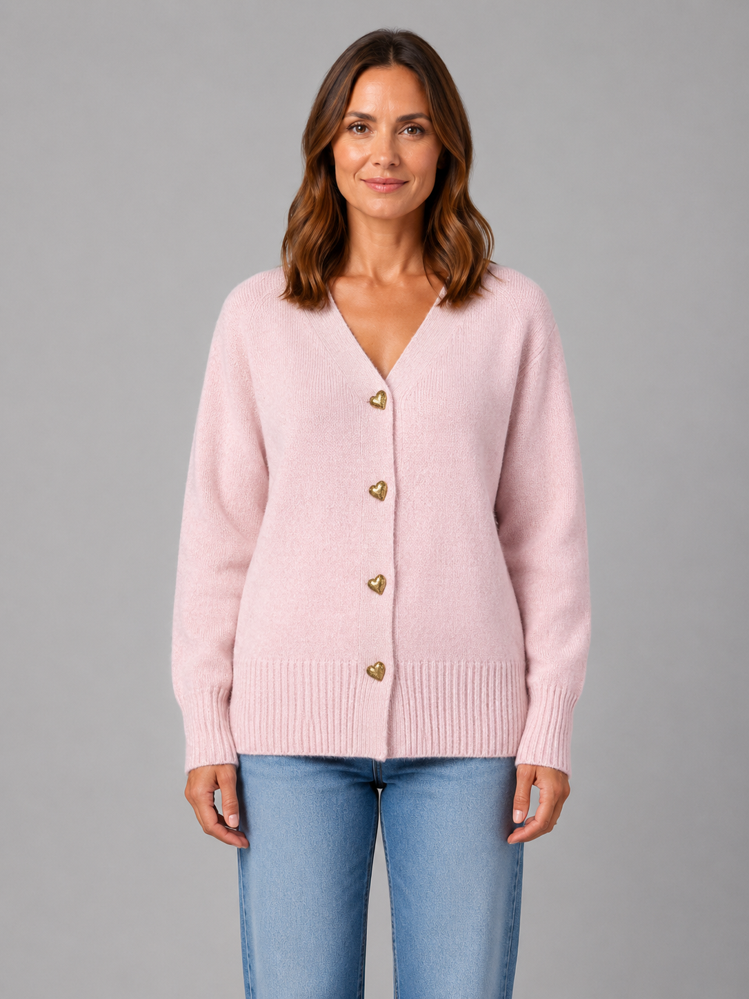 WALDA | HEART BUTTON V-NECK KNIT CARDIGAN - Pink