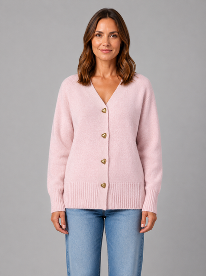 WALDA | HEART BUTTON V-NECK KNIT CARDIGAN - Pink