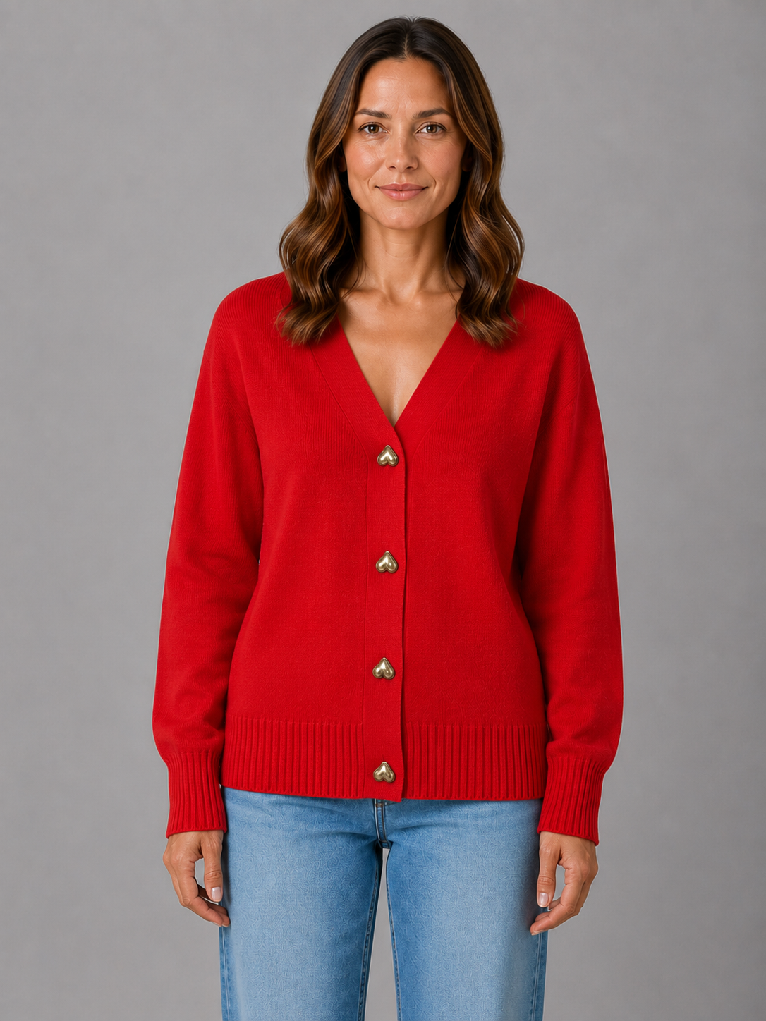 WALDA | HEART BUTTON V-NECK KNIT CARDIGAN - Red
