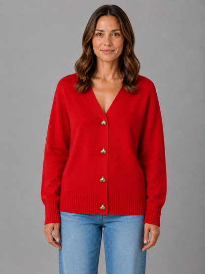 WALDA | HEART BUTTON V-NECK KNIT CARDIGAN - Red
