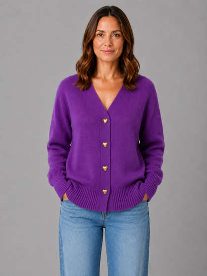 WALDA | HEART BUTTON V-NECK KNIT CARDIGAN - Violet
