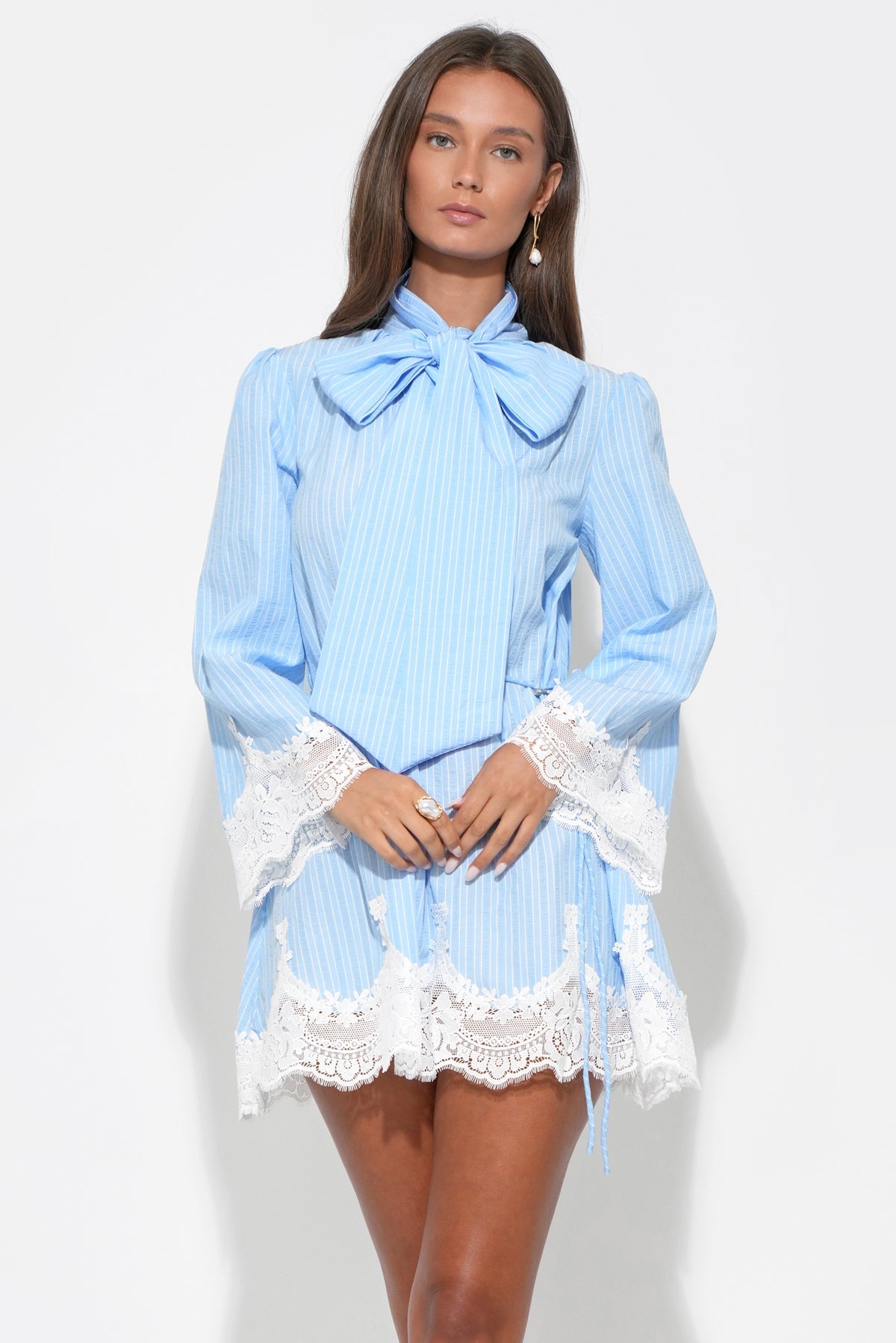 WAVERLEIGH | TIE NECK MINI DRESS - Light Blue Stripe