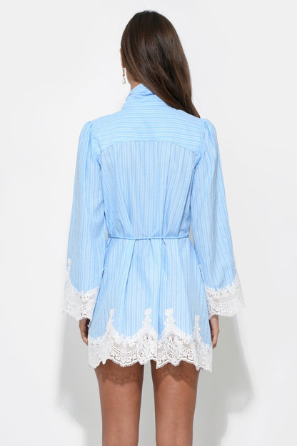 WAVERLEIGH | TIE NECK MINI DRESS - Light Blue Stripe