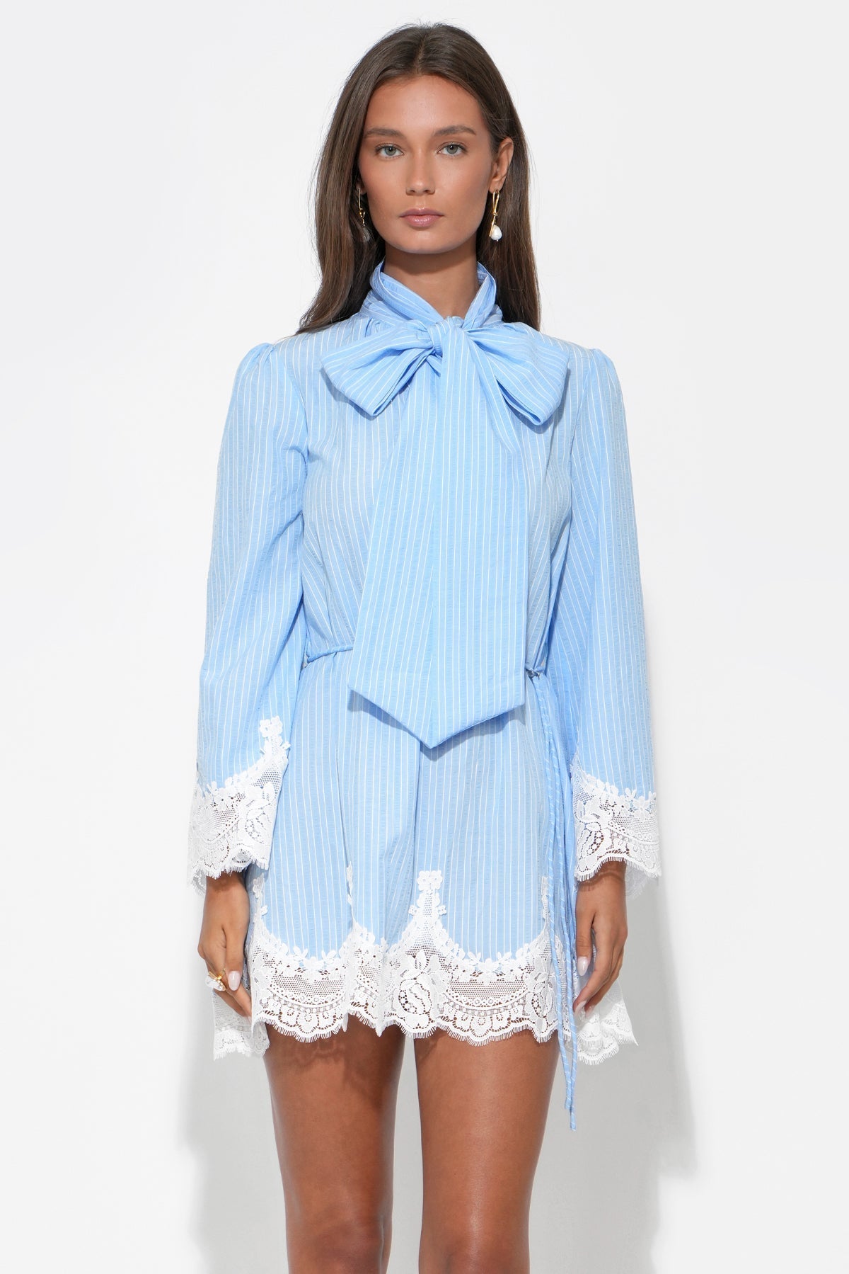 WAVERLEIGH | TIE NECK MINI DRESS - Light Blue Stripe
