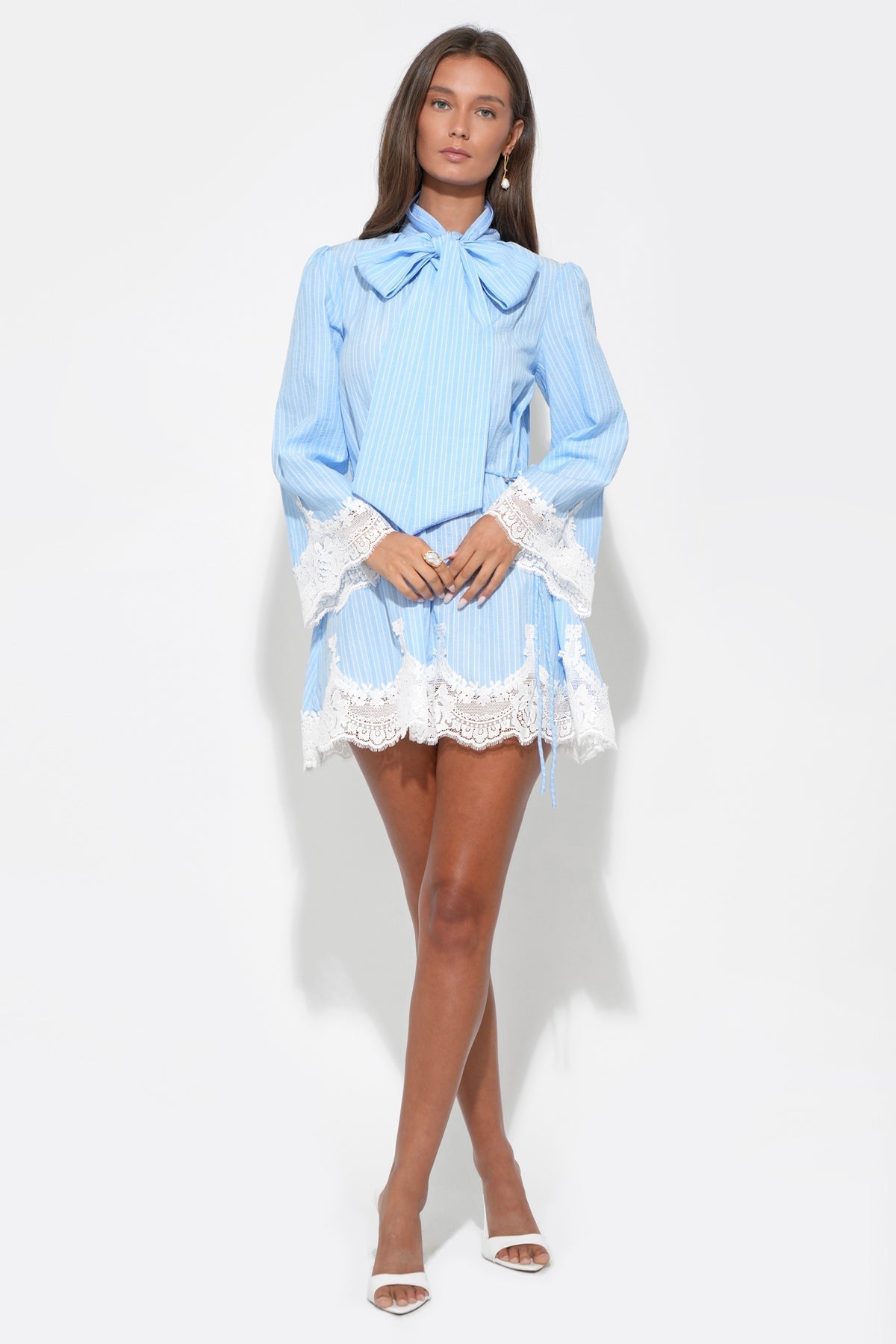 WAVERLEIGH | TIE NECK MINI DRESS - Light Blue Stripe