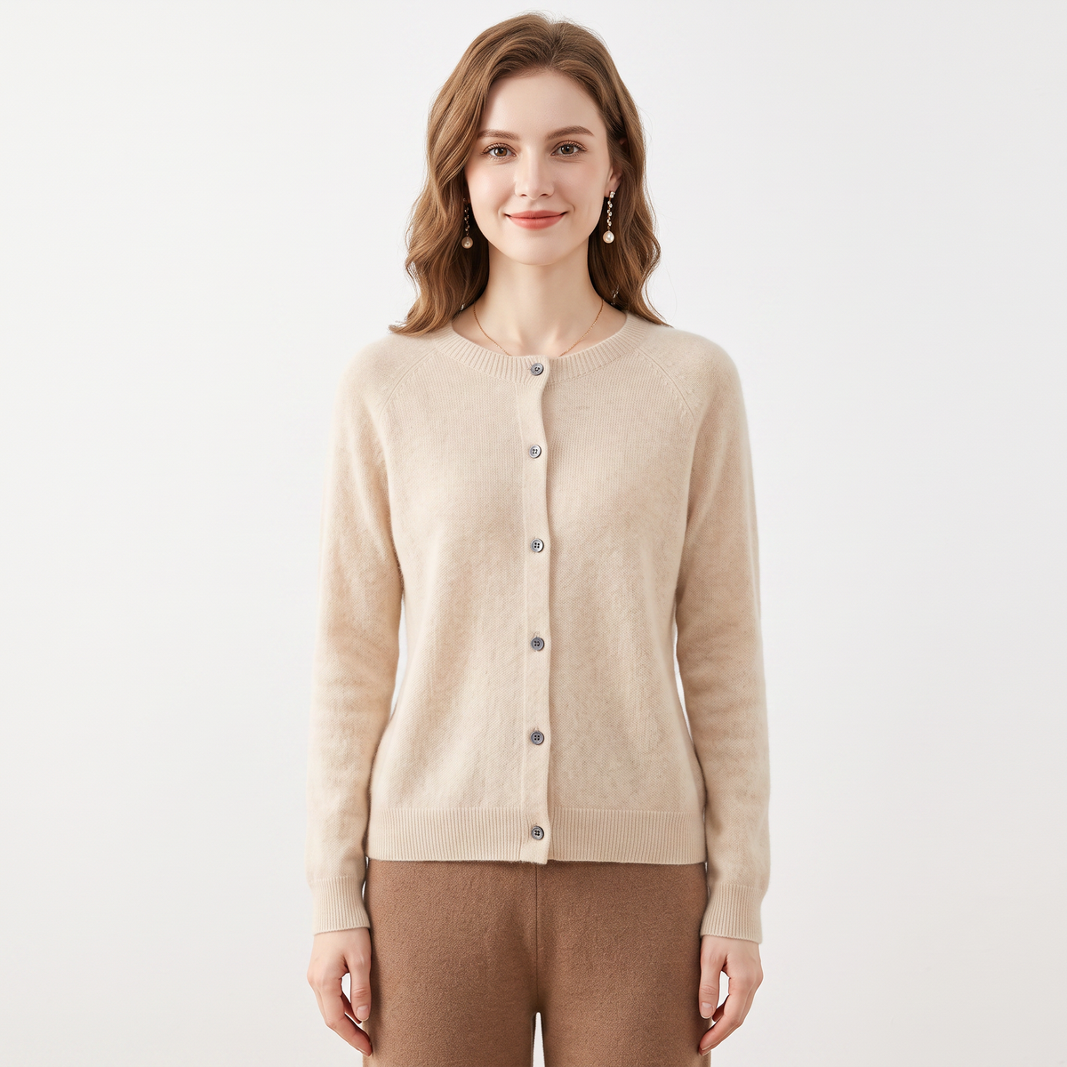 WENDELINE | WOOL KNIT BUTTON-UP CARDIGAN - Beige