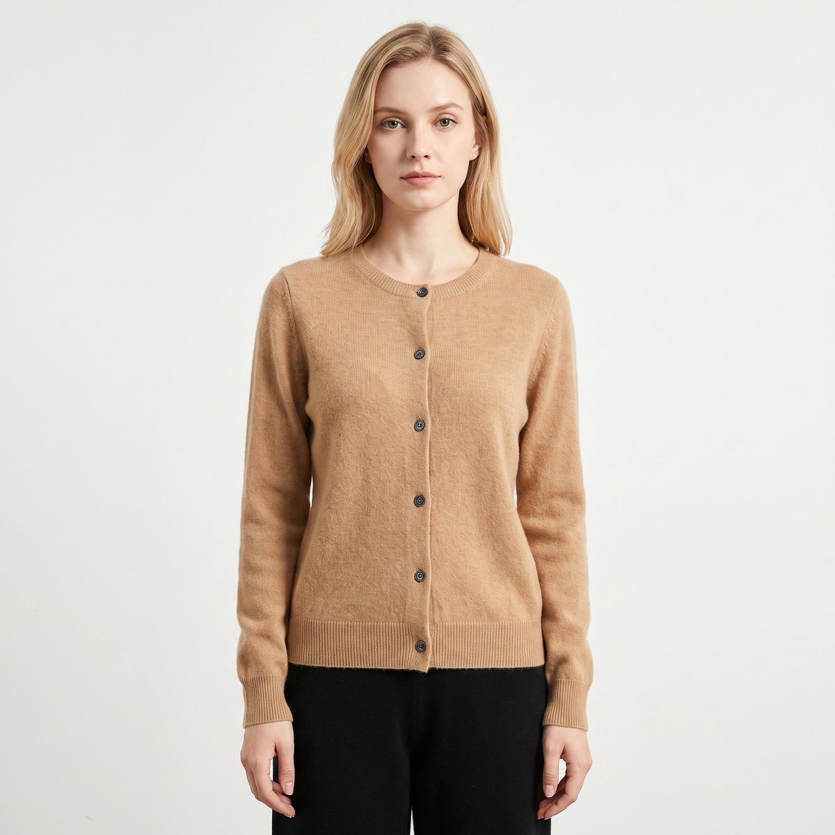 WENDELINE | WOOL KNIT BUTTON-UP CARDIGAN - Camel
