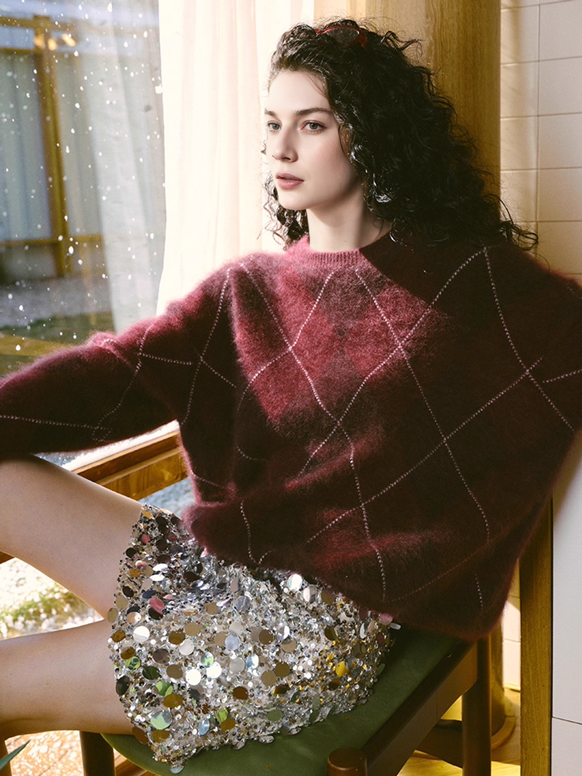 WILDERA | ARGYLE OVERSIZED SWEATER - Burgundy