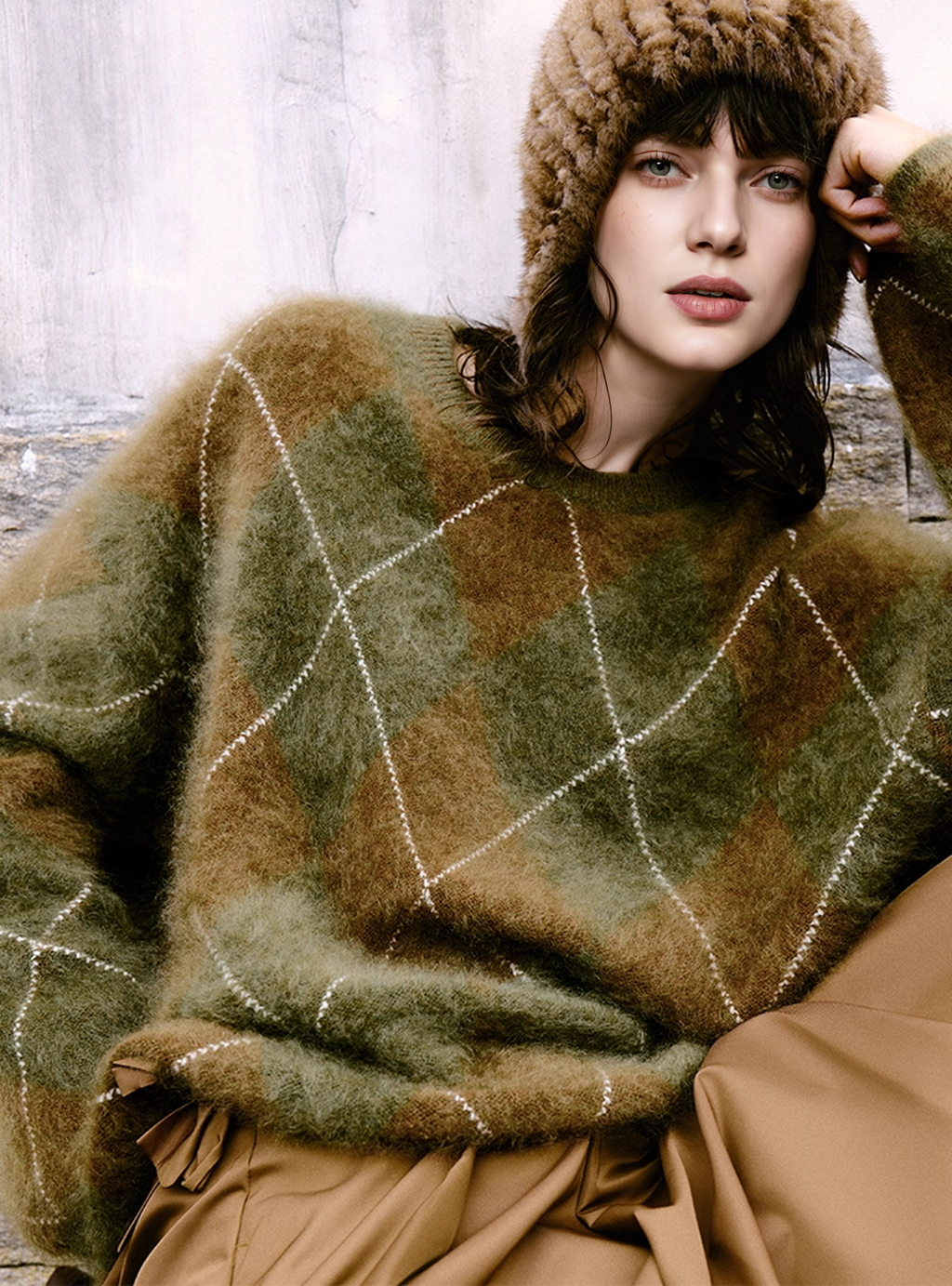 WILDERA | ARGYLE OVERSIZED SWEATER - Olive Green
