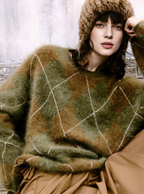 WILDERA | ARGYLE OVERSIZED SWEATER - Olive Green