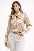 WILMETTE | BOW NECK LONG SLEEVE BLOUSE - Beige