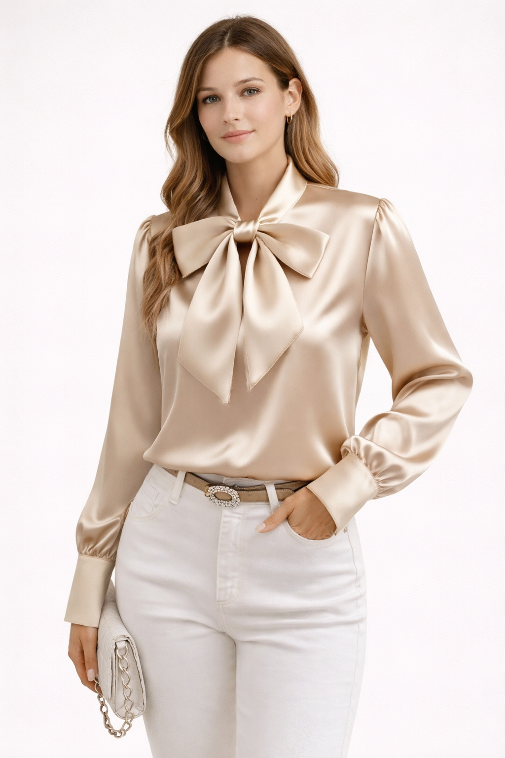 WILMETTE | BOW NECK LONG SLEEVE BLOUSE - Beige