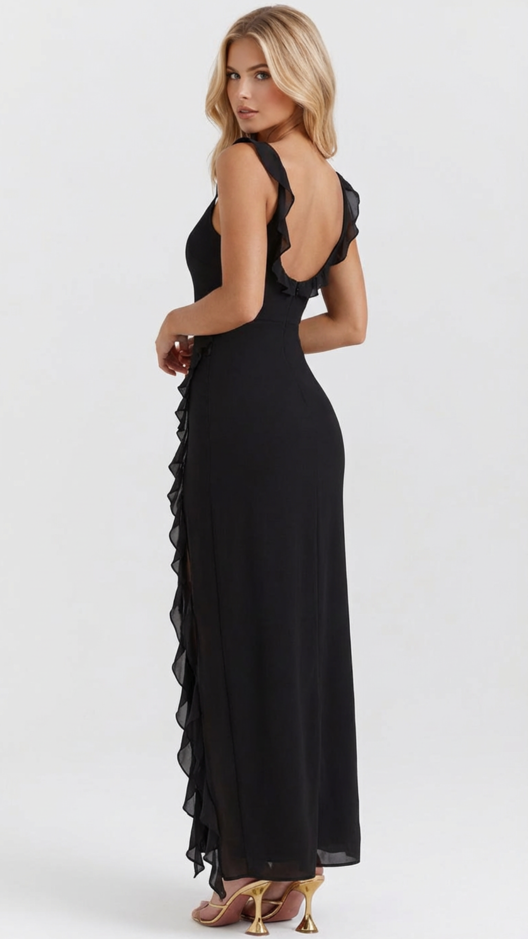 WINSLEY | SQUARE NECK RUFFLE MAXI DRESS - Black