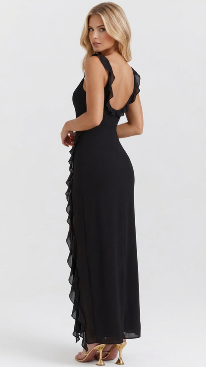 WINSLEY | SQUARE NECK RUFFLE MAXI DRESS - Black