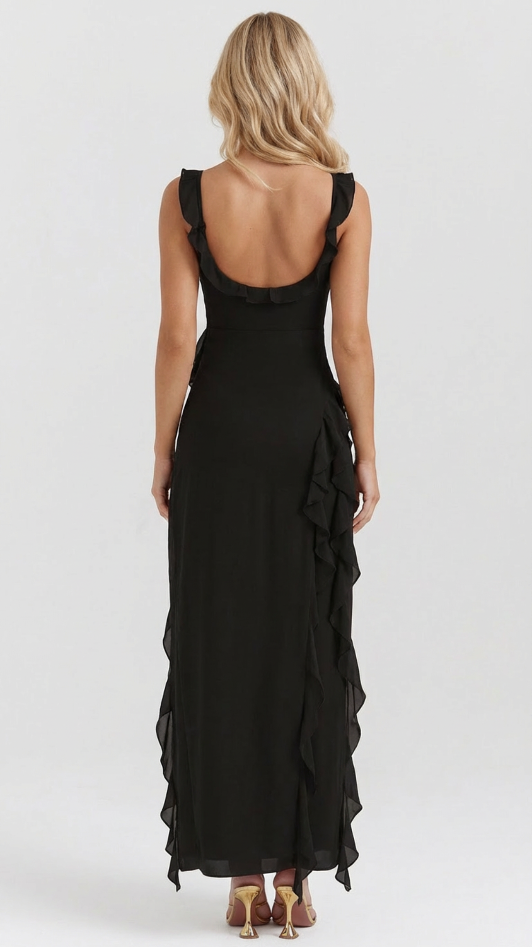 WINSLEY | SQUARE NECK RUFFLE MAXI DRESS - Black