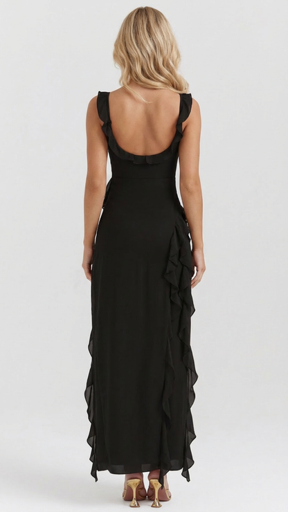 WINSLEY | SQUARE NECK RUFFLE MAXI DRESS - Black