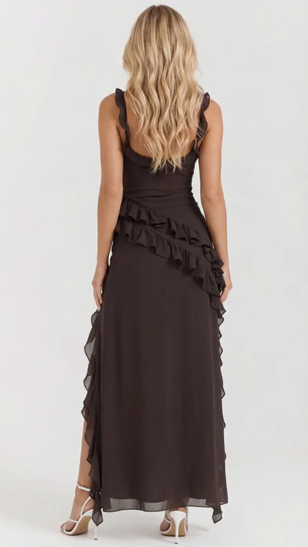 WINSLEY | SQUARE NECK RUFFLE MAXI DRESS - Chocolate Brown