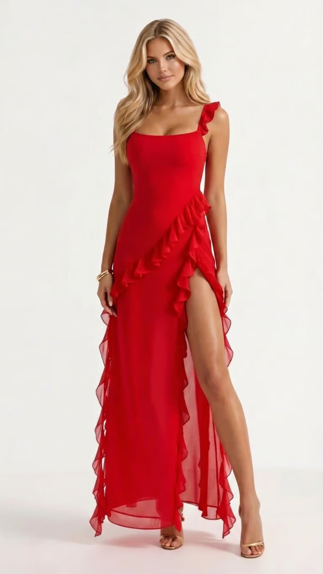 WINSLEY | SQUARE NECK RUFFLE MAXI DRESS - Red