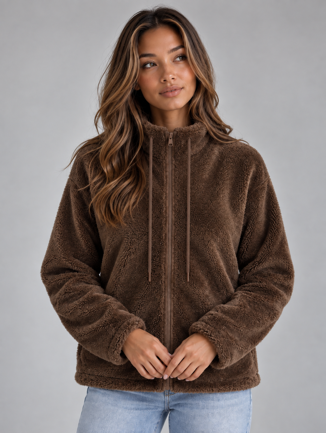 WRENATA | HIGH NECK TEDDY FLEECE JACKET - Brown
