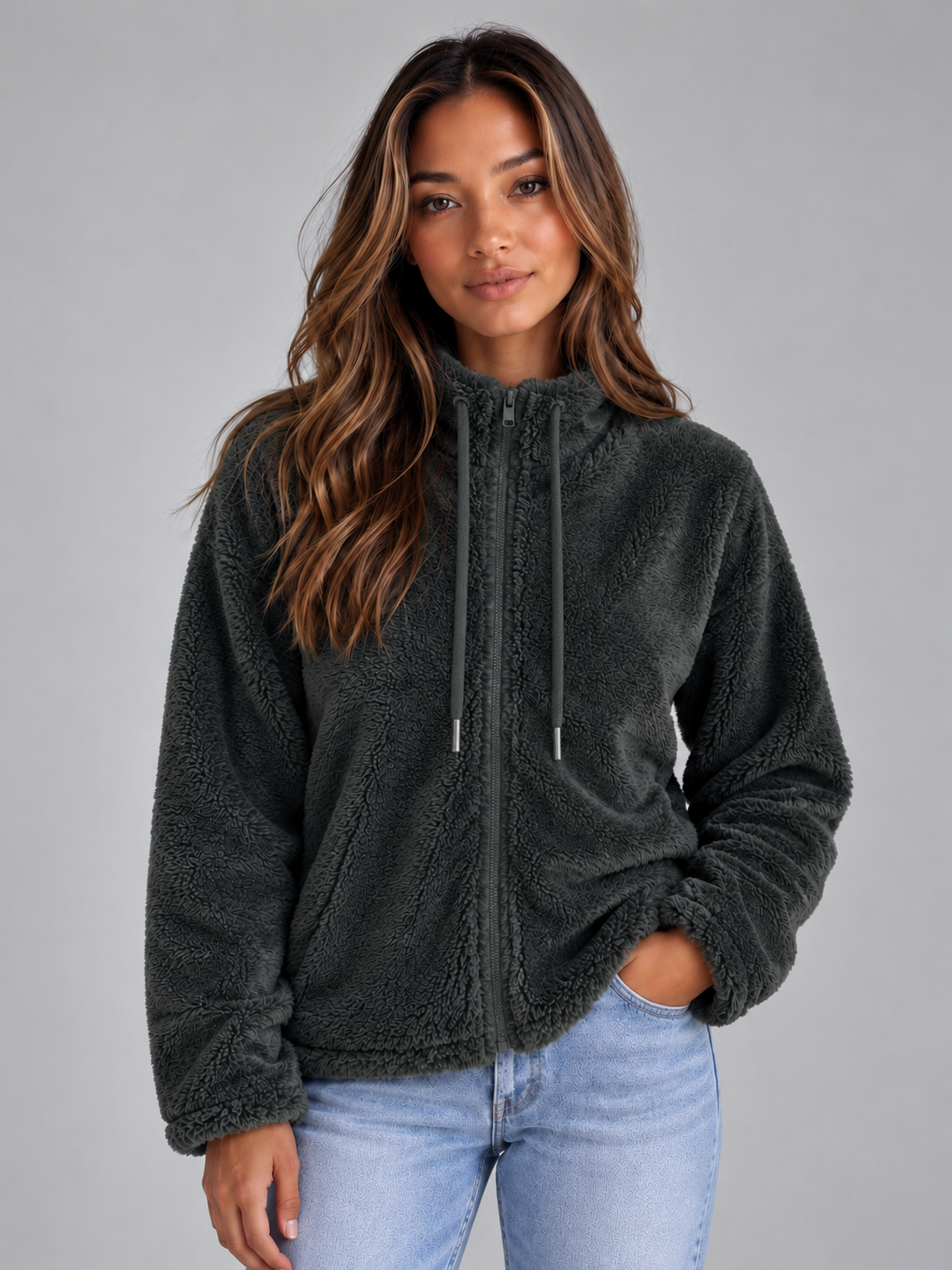 WRENATA | HIGH NECK TEDDY FLEECE JACKET - Dark Gray