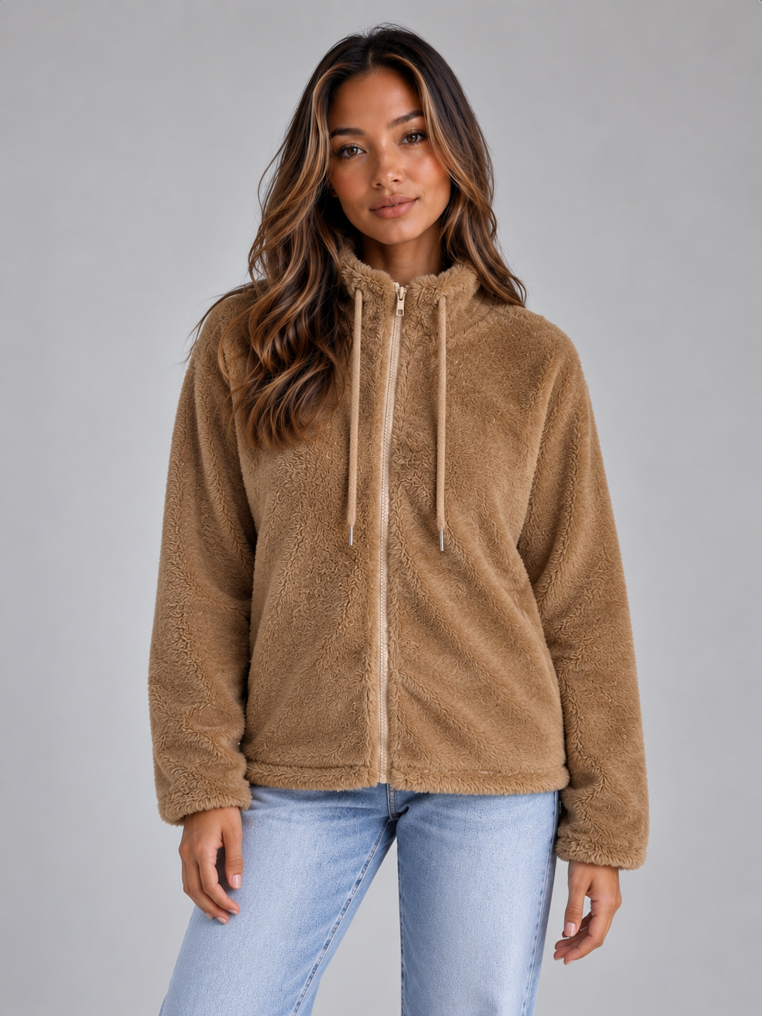 WRENATA | HIGH NECK TEDDY FLEECE JACKET - Khaki