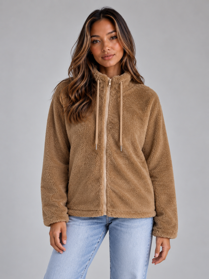 WRENATA | HIGH NECK TEDDY FLEECE JACKET - Khaki