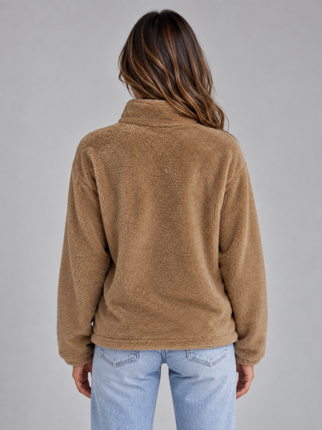 WRENATA | HIGH NECK TEDDY FLEECE JACKET - Khaki