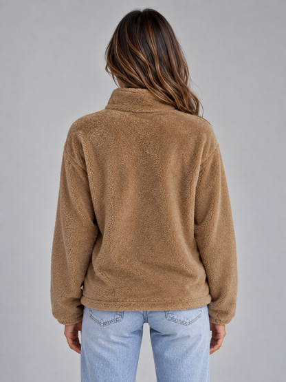 WRENATA | HIGH NECK TEDDY FLEECE JACKET - Khaki