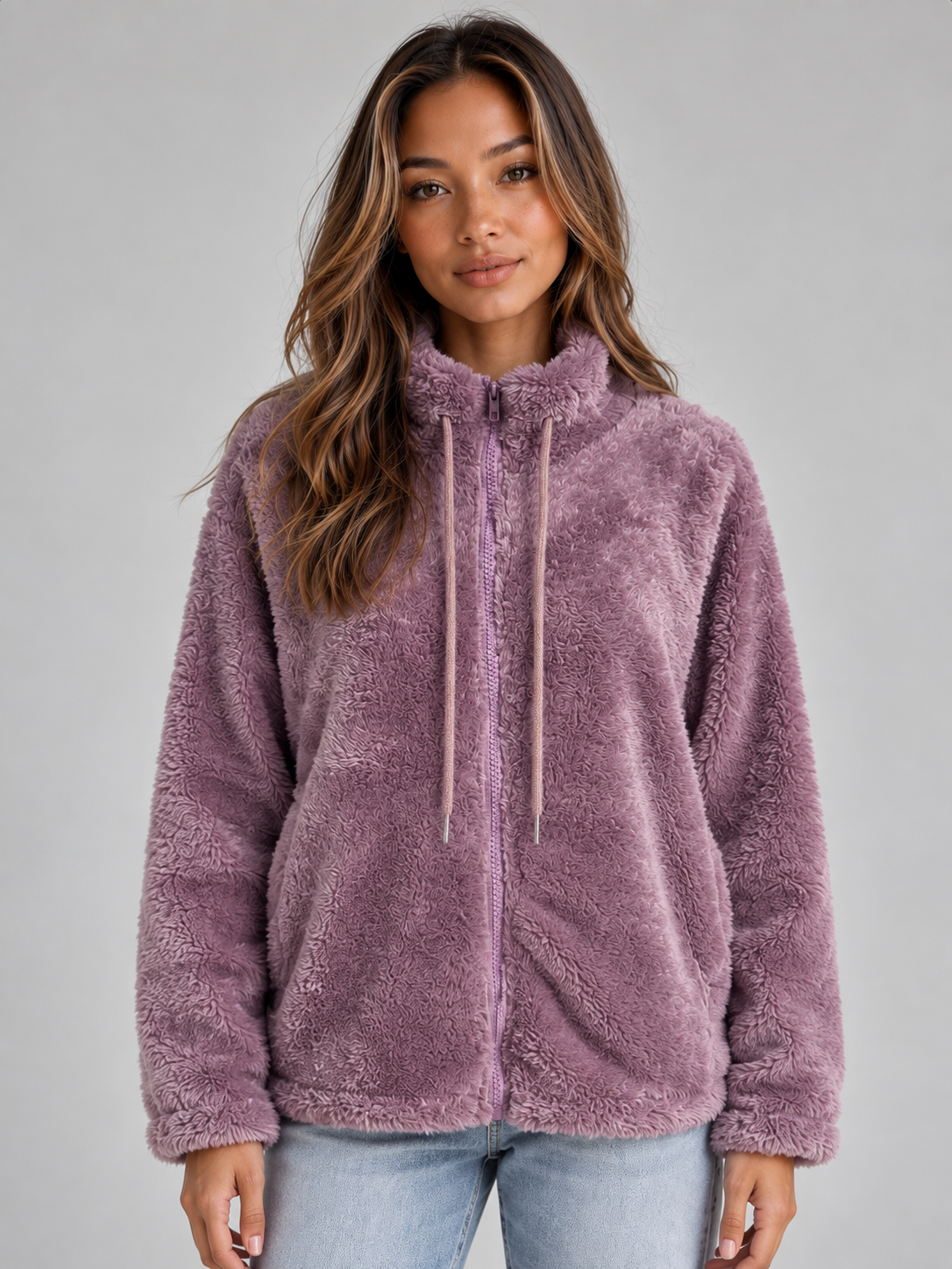 WRENATA | HIGH NECK TEDDY FLEECE JACKET - Mauve