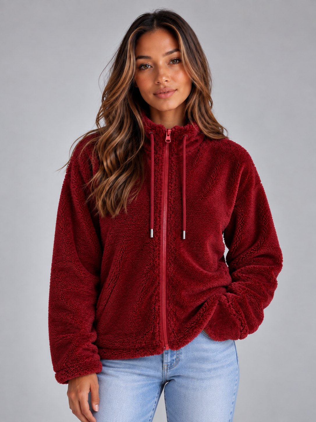 WRENATA | HIGH NECK TEDDY FLEECE JACKET - Red