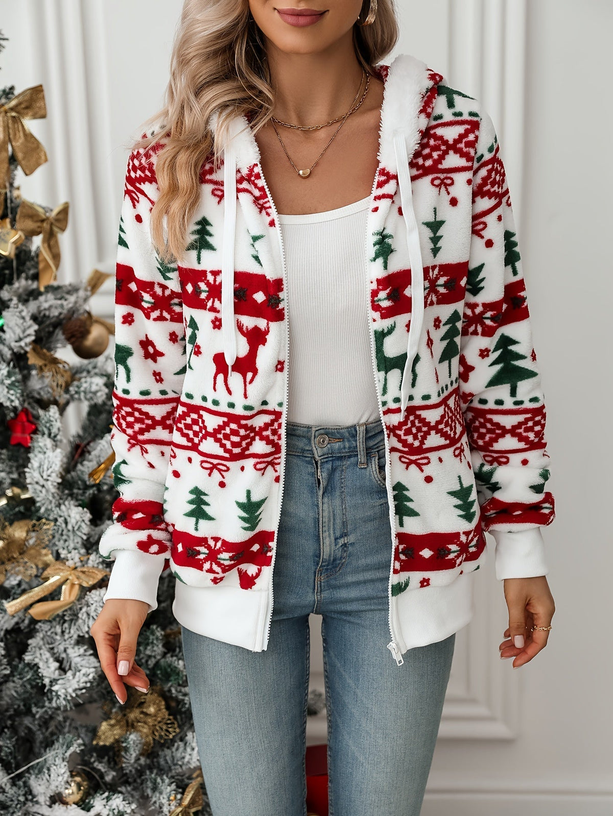 WRENSLEY | REINDEER PRINT HOODED CARDIGAN - White, Red and Green Print
