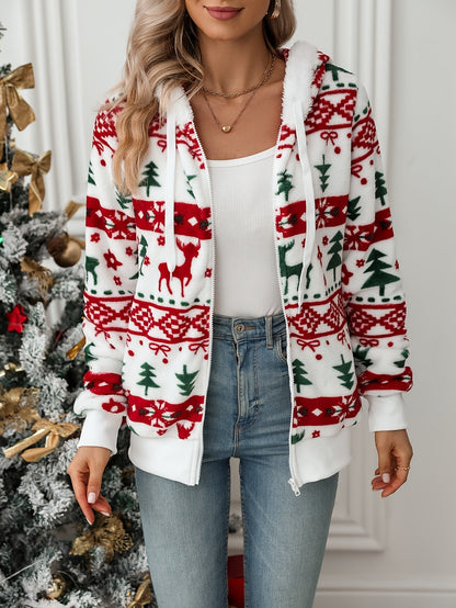 WRENSLEY | REINDEER PRINT HOODED CARDIGAN - White, Red and Green Print