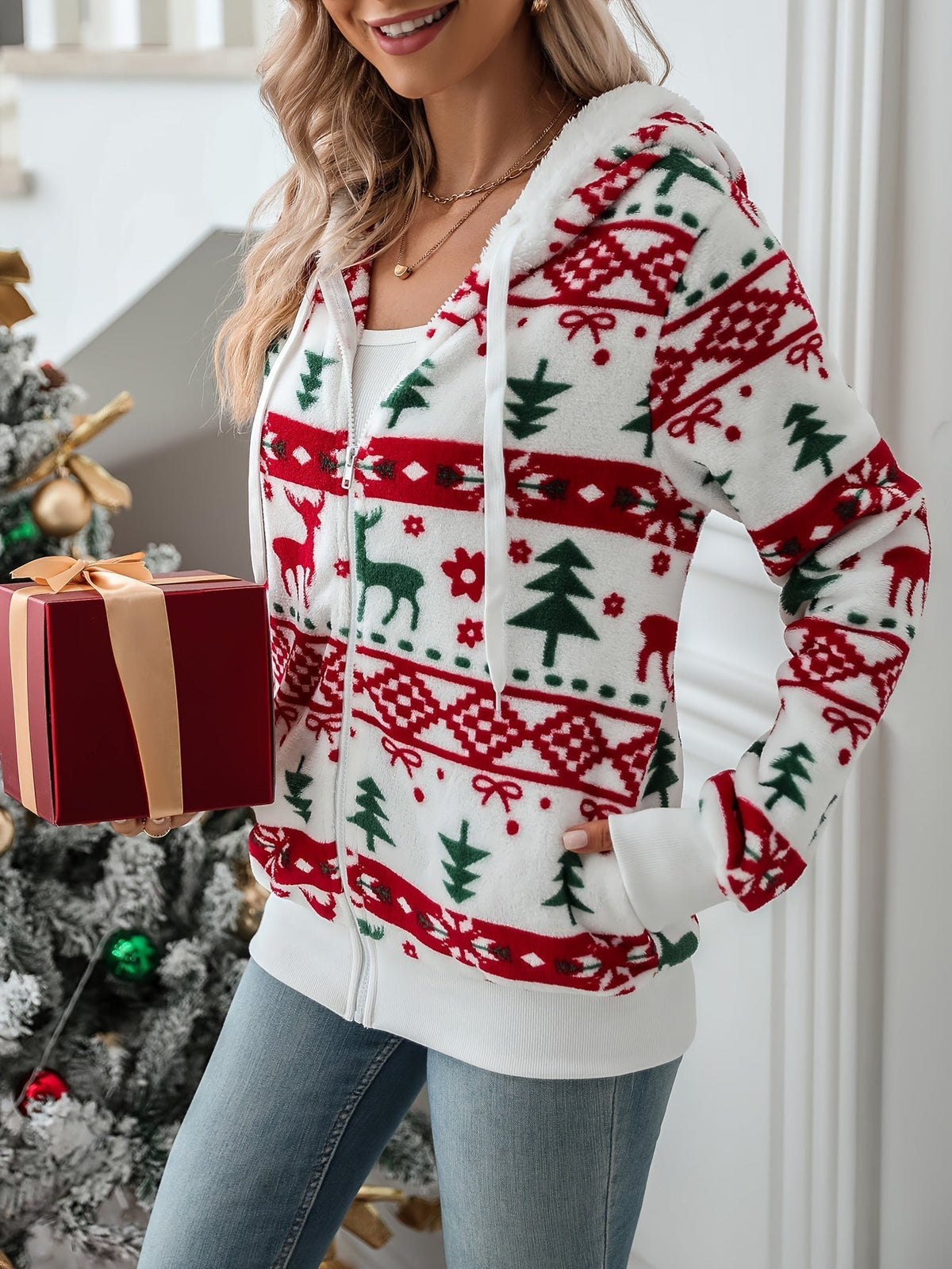 WRENSLEY | REINDEER PRINT HOODED CARDIGAN - White, Red and Green Print