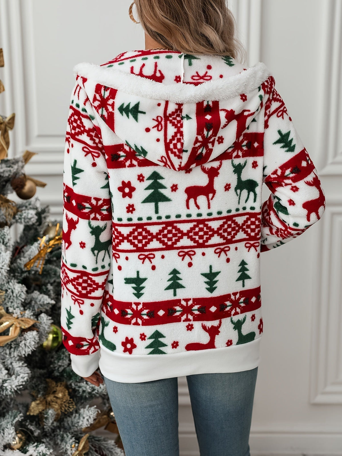 WRENSLEY | REINDEER PRINT HOODED CARDIGAN - White, Red and Green Print