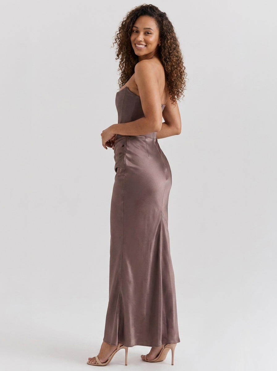 WYNONNA | STRAPLESS RUCHED MAXI DRESS - Brown