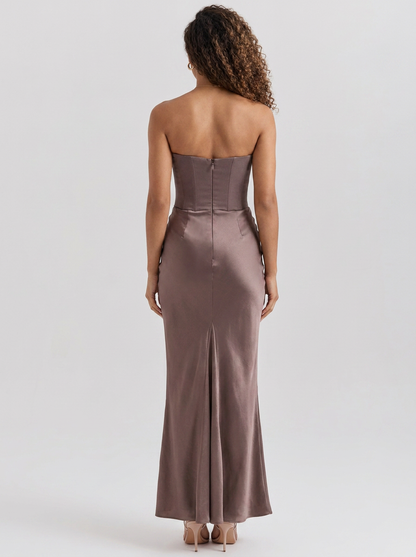 WYNONNA | STRAPLESS RUCHED MAXI DRESS - Brown