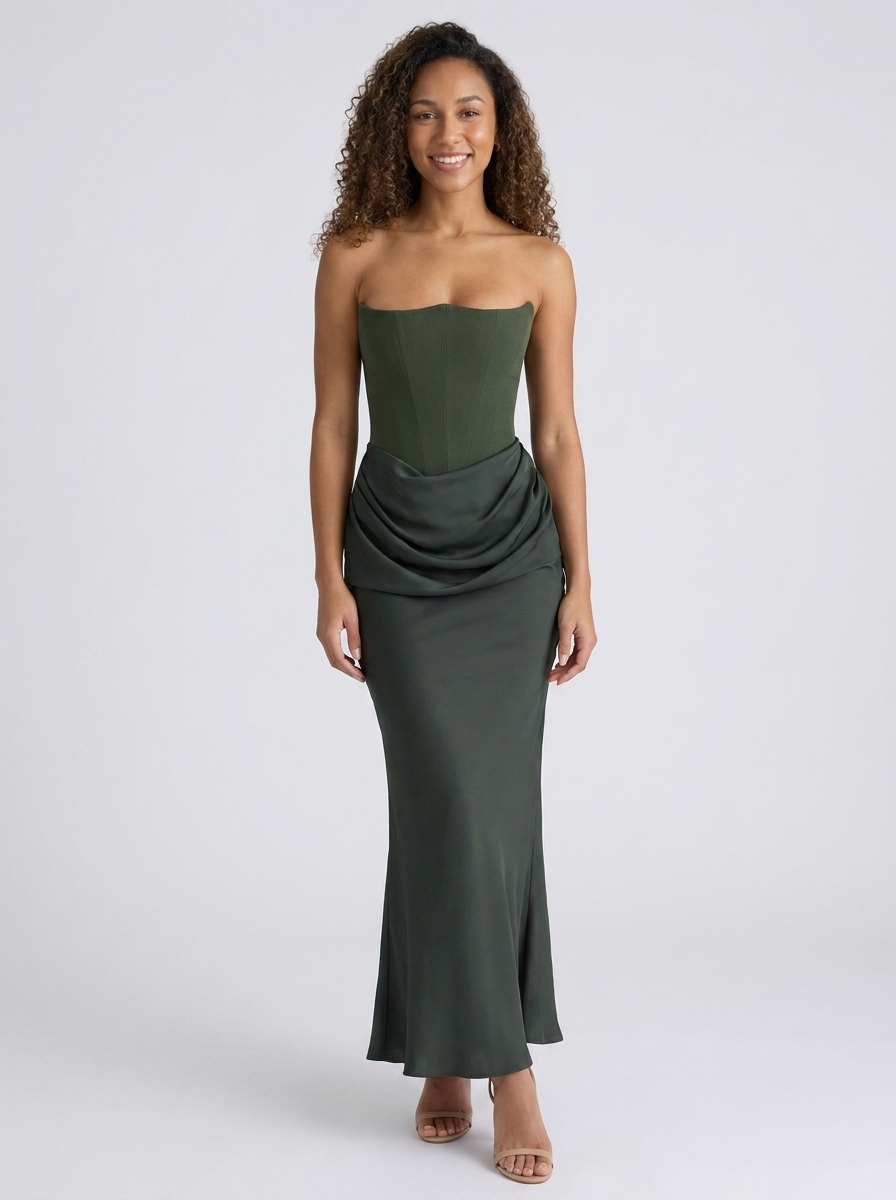 WYNONNA | STRAPLESS RUCHED MAXI DRESS - Olive Green