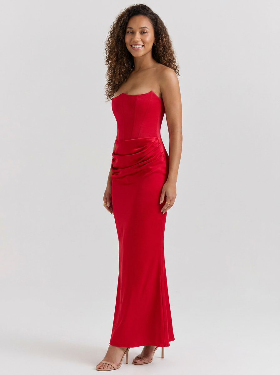 WYNONNA | STRAPLESS RUCHED MAXI DRESS - Red