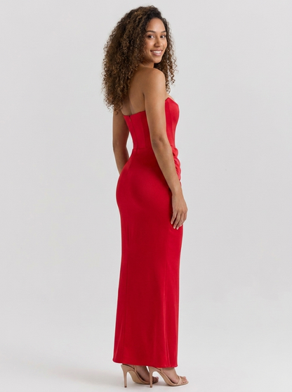 WYNONNA | STRAPLESS RUCHED MAXI DRESS - Red