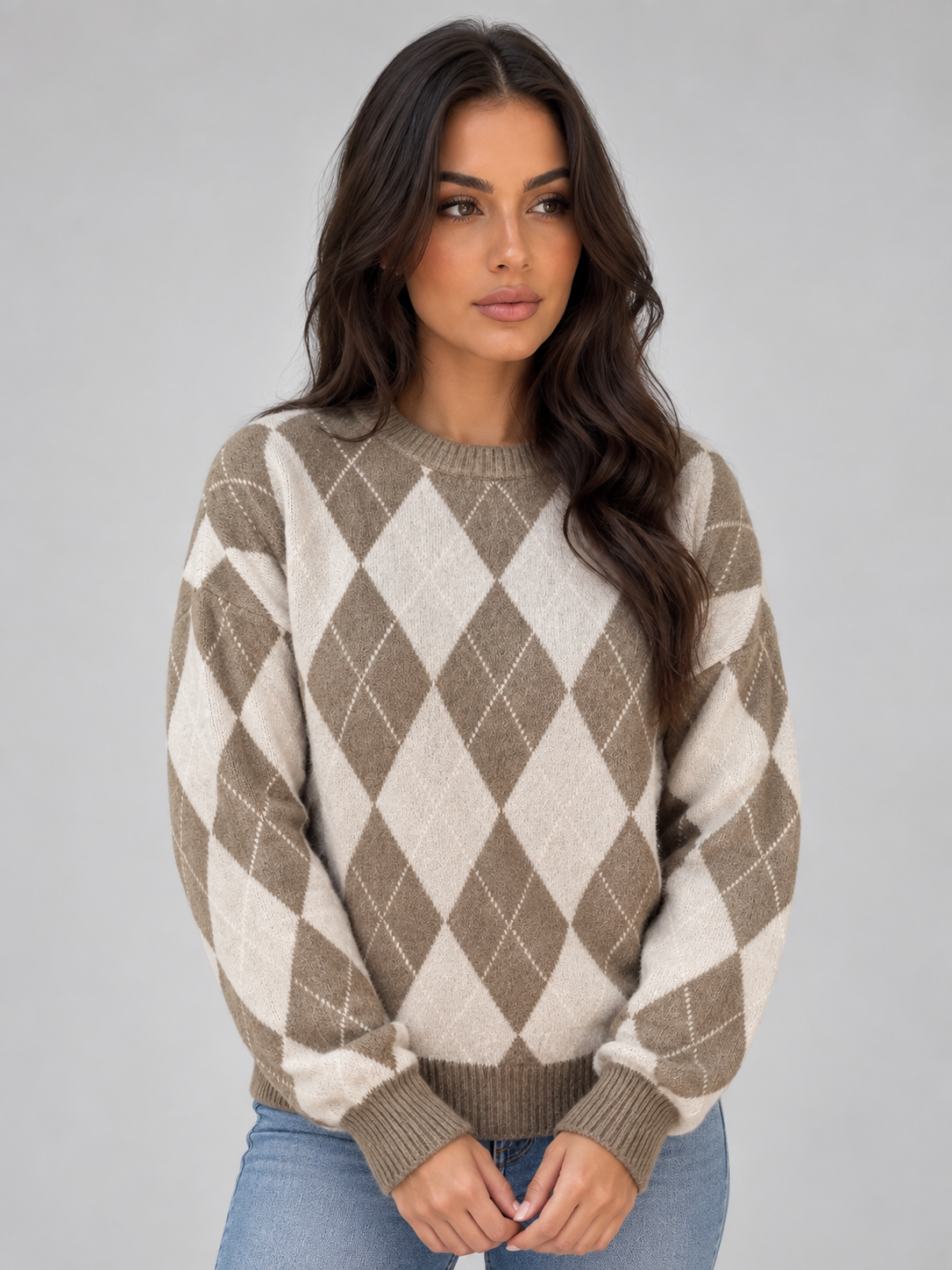 XOCHITL | ARGYLE DIAMOND PATTERN KNIT JUMPER - Beige