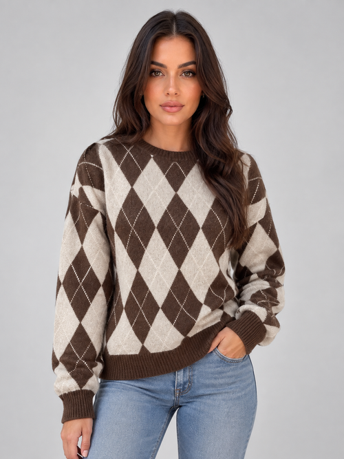 XOCHITL | ARGYLE DIAMOND PATTERN KNIT JUMPER - Brown