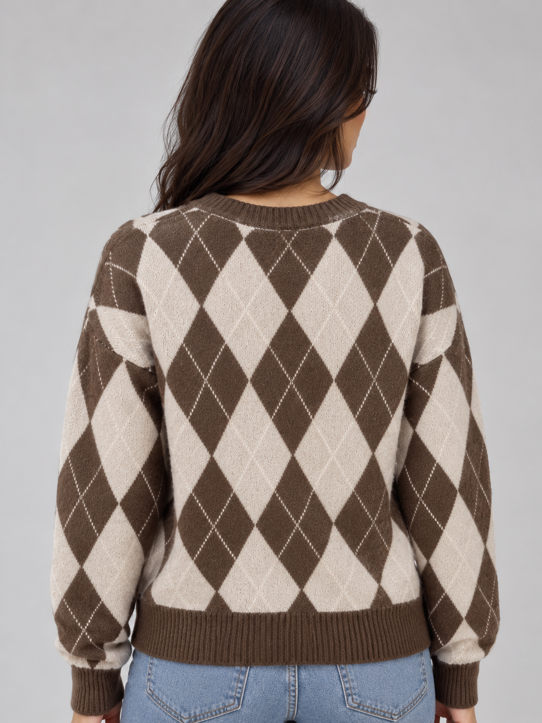 XOCHITL | ARGYLE DIAMOND PATTERN KNIT JUMPER - Brown