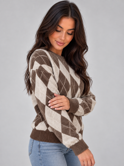 XOCHITL | ARGYLE DIAMOND PATTERN KNIT JUMPER - Brown