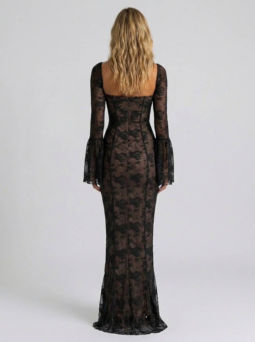 YAEL | LACE CORSET LONG SLEEVE MAXI DRESS - Black