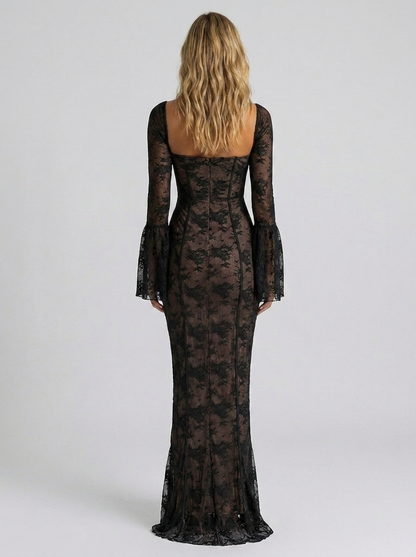YAEL | LACE CORSET LONG SLEEVE MAXI DRESS - Black