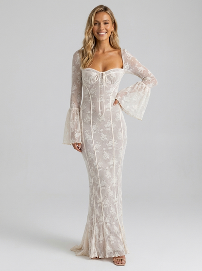 YAEL | LACE CORSET LONG SLEEVE MAXI DRESS - Ivory