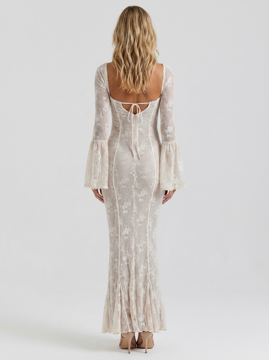 YAEL | LACE CORSET LONG SLEEVE MAXI DRESS - Ivory