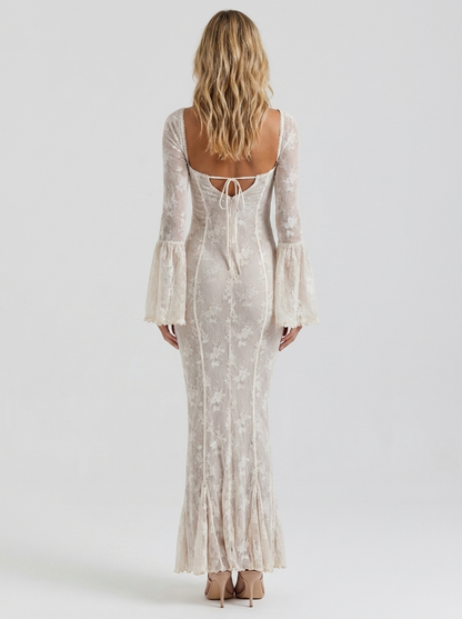 YAEL | LACE CORSET LONG SLEEVE MAXI DRESS - Ivory